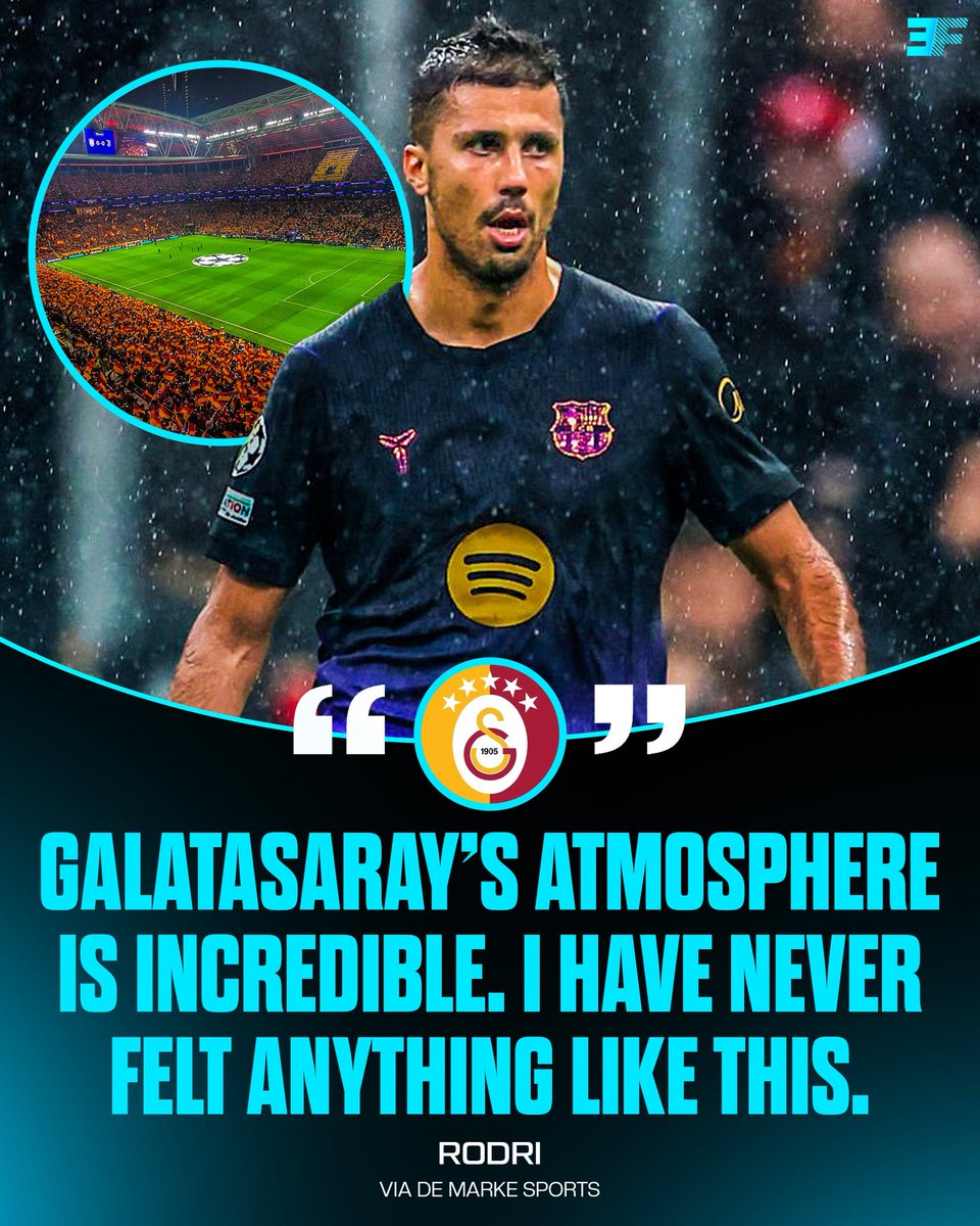 eurofootcom's tweet photo. 🇹🇷😳 Rodri: "It's ALWAYS difficult when you play Galatasaray away. We knew about the crowd and the stadium, we struggled. I have never felt something like this, it's incredible. The atmosphere, the noise. It was a suprise, with the environment and how the crowd whistle and support their team." 

Pedri also said it was the BEST stadium that he has played in...  "It's the best stadium where I've played. The fans' pressure is incredible. When you enter the locker room tunnel, your ears even hurt." 😳

🗣️ @demarkesports / @TNTSportsAR