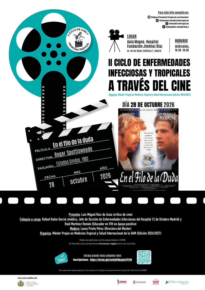 Icomem_AFAM's tweet photo. 🎬 El ICOMEM avala el II Ciclo de Enfermedades Infecciosas y Tropicales a través del Cine @medicintropical 
🍿Una película al mes 
📅De octubre a junio 
🎥 28 OCTUBRE | En el filo de la duda 
🕟 A las 16:30h
📍 H. Fundación Jiménez Díaz 
🎟️ Gratuito
🔗 https://t.co/y3v2pvm2ay https://t.co/GMrhWUBmVP