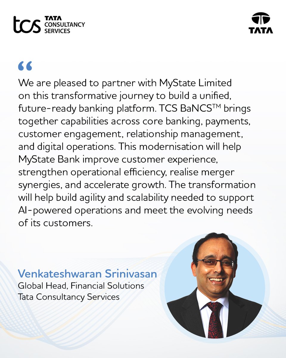 TCS's tweet photo. We have partnered with MyState Limited to deploy the TCS BaNCS™ Global Banking Platform and support its core banking transformation following the merger of MyState Bank and Auswide Bank.

Built for scale and agility, the platform will help consolidate multiple banking systems, business processes, data repositories, and customer servicing capabilities into a single operating model. The transformation will support seamless post-merger integration, operational efficiency, enhanced customer experiences, and MyState's future growth ambitions. 

More details here: https://t.co/UqmfUrvCXh
