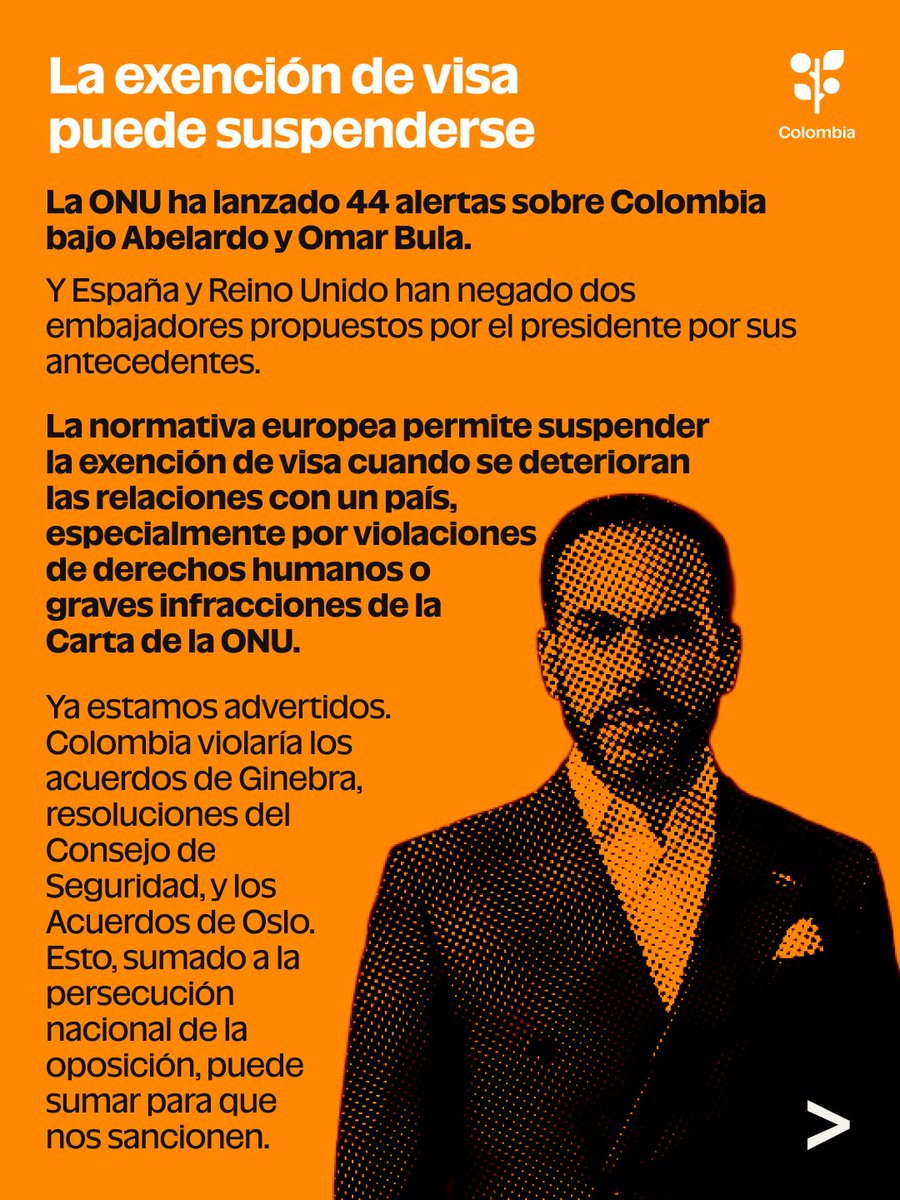 Colombia_GSF's tweet photo. Este 14 de octubre Omar Bula se encuentra en “Israel” para cometer una serie de violaciones al Derecho Internacional en nuestro nombre. 

Dichas medidas ponen en riesgo la exención de la visa Schengen 🚨

Acá te contamos 🍉 https://t.co/QUctapTnrp