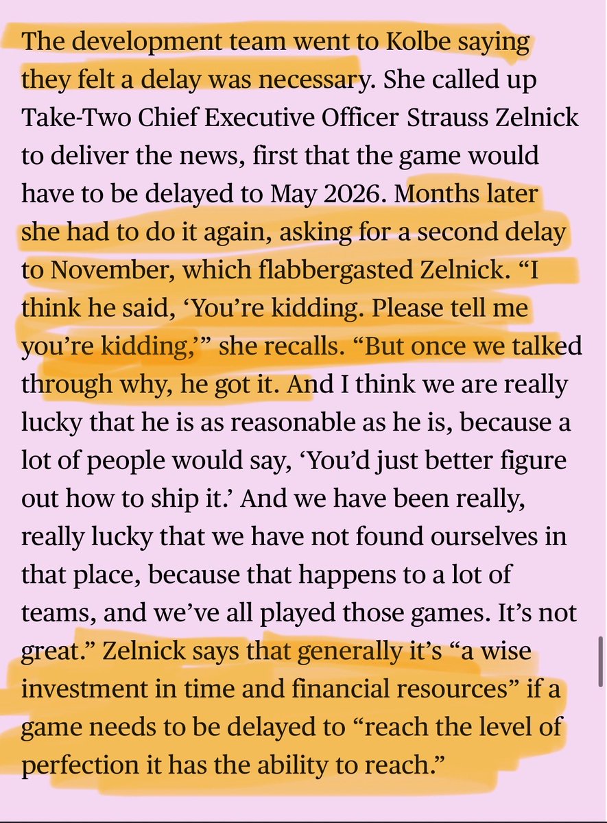 MrCosmicHQ's tweet photo. New Bloomberg interview shows that there were internal friction over the delays for GTA 6.

Strauss Zelnick, CEO of TakeTwo, was originally shocked, but eventually decided to agree on the delay to “reach the level of perfection it has the ability to reach”.

GTA 6 will be 🔥 https://t.co/4sQJB6kDnT