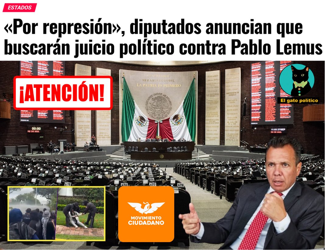 elgatopolitico_'s tweet photo. 🔴​🔴¡Tómala!
Se viene el juicio político contra el represor Pablo Lemus.
Además, lo quieren llevar a él y a sus funcionarios a comparecer ante el Congreso de la Unión. Que se haga. ​🥁​🥁​
➡️​➡️​ https://t.co/EpPv58TVPL https://t.co/BL5tr2O40W