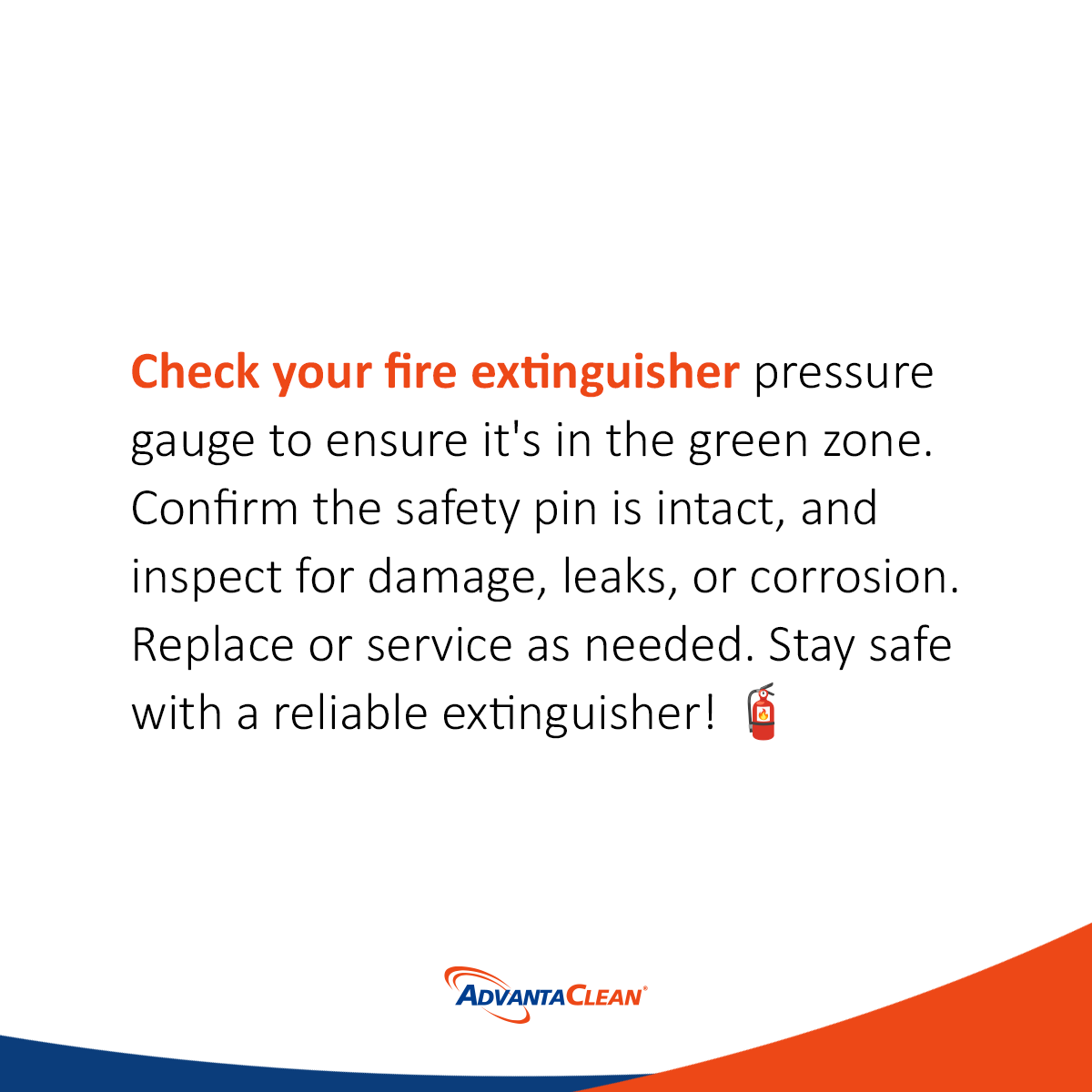 AdvantaCleanGA's tweet photo. Look at the gauge on your fire extinguisher often. If the needle sits outside the green or the unit looks worn, it's time to replace it. These quick checks help keep your family safe. #moldremediation #waterdamage #stormdamage #atlanta #norcross https://t.co/PXp3Jjv5Ub