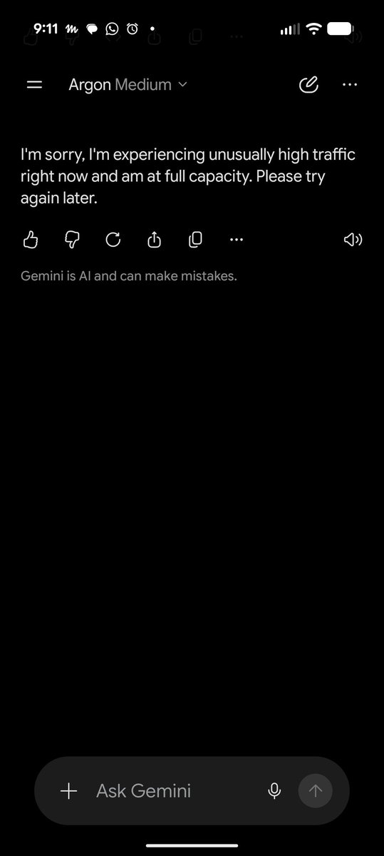 AnthPB's tweet photo. Good and bad for Gemini 4 Argon, I suppose...

> "I'm sorry, I'm experiencing unusually high traffic right now and am at full capacity. Please try again later."

$googl #ai https://t.co/TxpZrBPHvH