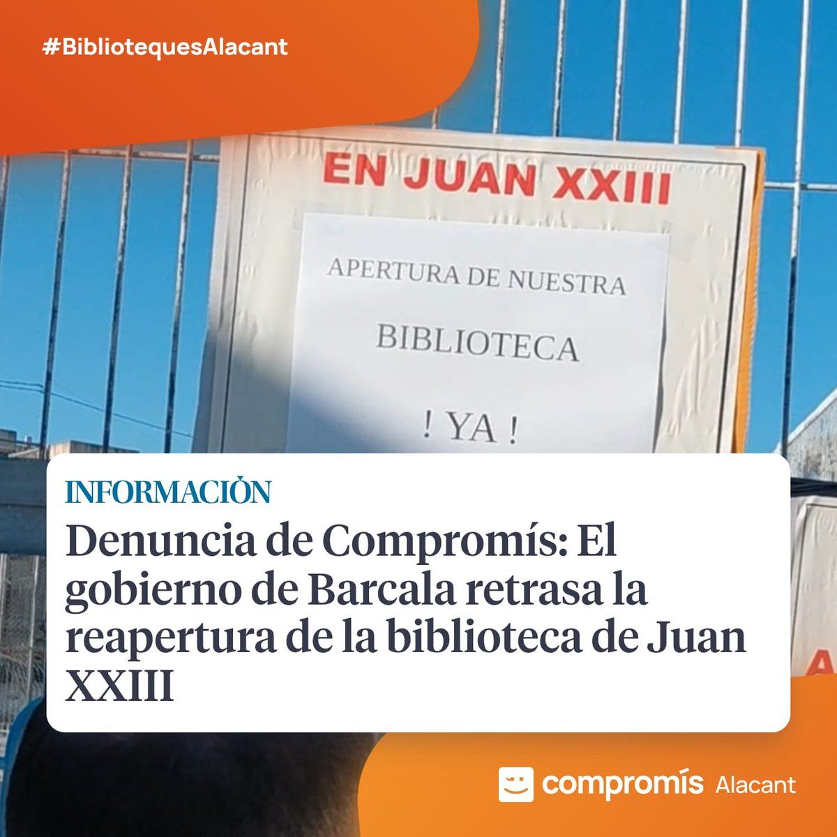 CompromisALC's tweet photo. 🗞 Denuncia de Compromís 

🏛 Compromís denuncia la no reapertura de la biblioteca municipal de Juan XXIII 📚

👉 https://t.co/LK3PsXJtEF https://t.co/cwIQYYSPII