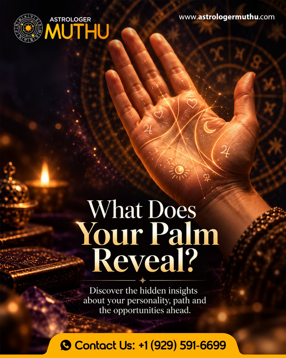 MuthuRaas's tweet photo. ✨ What does your palm reveal? 🔮 Discover insights into your personality, life path, and opportunities with Astrologer Muthu!
📞 Contact us: +1 (929) 591-6699
#Palmistry #PalmReading #Astrology #AstrologerMuthu #FutureInsights #LifePath #VedicAstrology #SpiritualGuidance https://t.co/MbA91cFSms