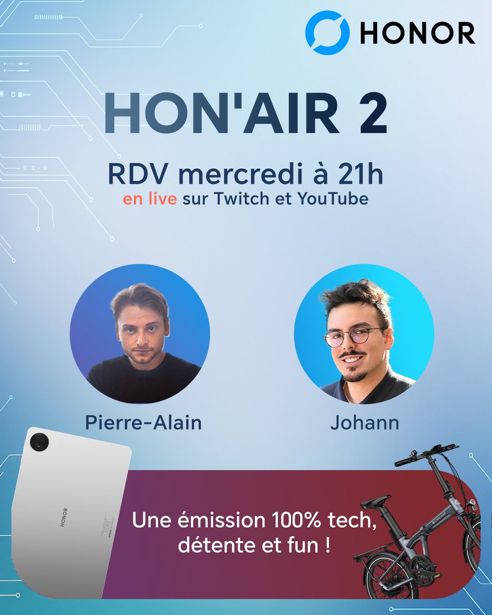 Honor_FR's tweet photo. Ce soir 21h, Pierre-Alain fait est de retour dans HON'AIR Épisode 2 ! 🎙️

On se retrouve pour une émission 100% tech, chill et fun.⚡️
Posez-nous toutes vos questions en direct... et préparez-vous, Pierre-Alain ne vient pas les mains vides. 👀🎁

Prêts pour ce soir ? 👇
🔗 https://t.co/PkWDBgd7TQ
#HONAIR