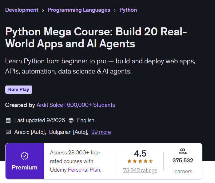 clcoding's tweet photo. Want to Go from Python Beginner to Building Real-World AI Applications?

 Check out the Python Mega Course: Build 20 Real-World Apps and AI Agents!

If you're looking to level up your Python skills, this course offers a practical learning journey from the fundamentals to advanced development.

 What can you learn?

 Python programming from beginner to pro
 Web development and API building
 Automation with Python
 Data science projects
 AI agents and real-world applications
 Build and deploy practical projects

Detailed Explanation: https://t.co/GXm7XsrdzD