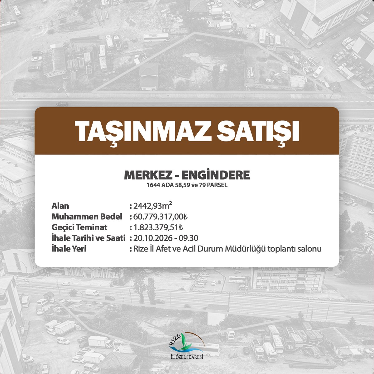 rizeozelidare's tweet photo. 📢 TAŞINMAZ SATIŞ İLANI | MERKEZ – ENGİNDERE

İdaremizin mülkiyetinde bulunan taşınmazlar, 2886 sayılı Devlet İhale Kanunu’nun 35(a). maddesi kapsamında ihale yoluyla satışa sunulacaktır.

📍 Konum: Merkez / Engindere Mahallesi
📐 Alan: 2.442,93 m²
💰 Muhammen Bedel: 60.779.317,00 TL
🔹 Geçici Teminat: 1.823.379,51 TL
📅 İhale Tarihi: 20 Ekim 2026 Salı
🕘 İhale Saati: 09.30

📌 İhale Yeri: Rize İl Afet ve Acil Durum Müdürlüğü Toplantı Salonu

İhaleye katılmak isteyenlerin, gerekli belgelerle birlikte teklif dosyalarını 20 Ekim 2026 Salı günü saat 09.00'a kadar Rize İl Özel İdaresi İmar ve Kentsel İyileştirme Müdürlüğüne teslim etmeleri gerekmektedir.

🔗 Detaylı bilgi: https://t.co/FL3Z70yXPm