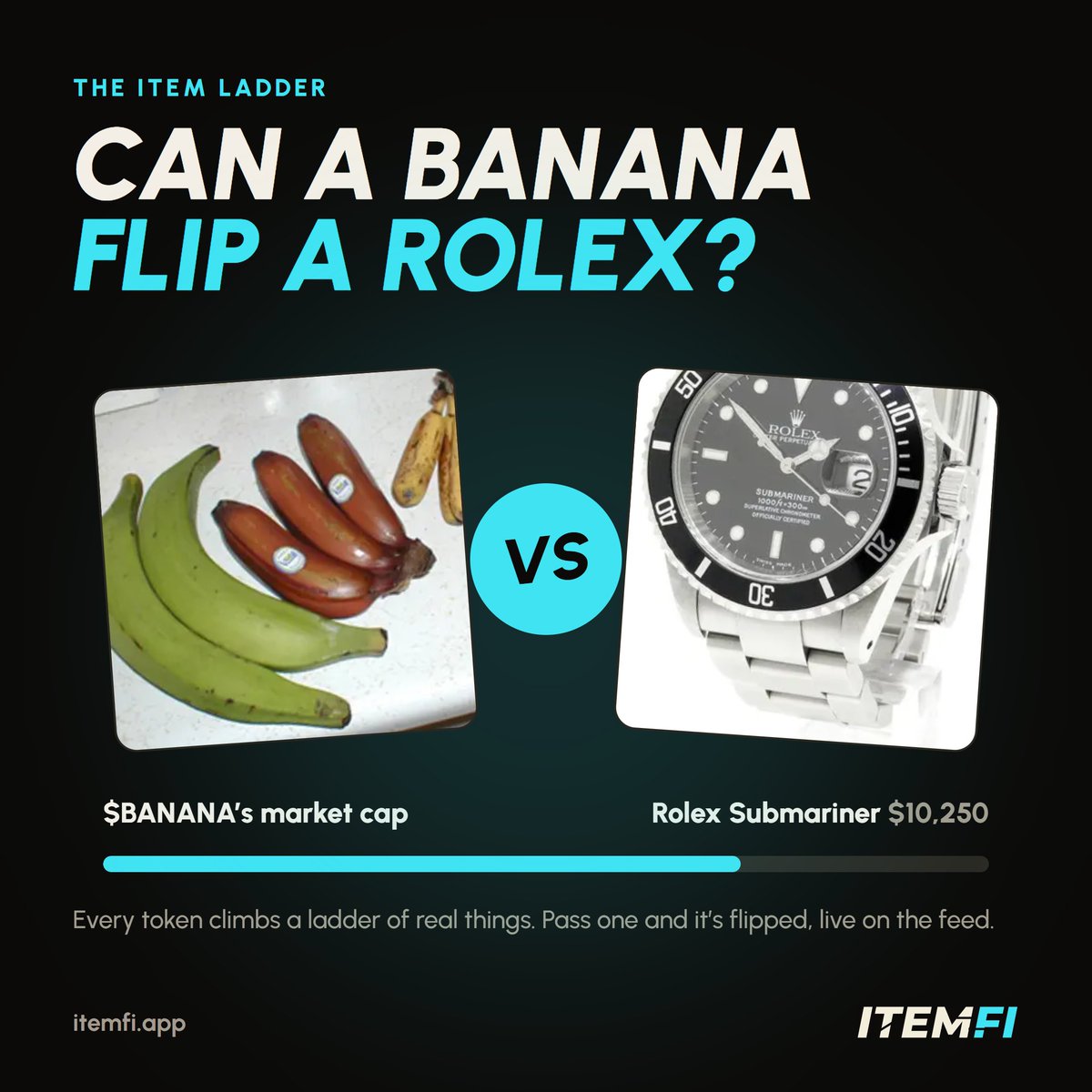 itemfinance's tweet photo. Can a banana flip a Rolex?

Every token on ItemFi climbs a ladder of real things. Pass an item's price in market cap and it's flipped, live on the feed. https://t.co/vTs7HEeo9v