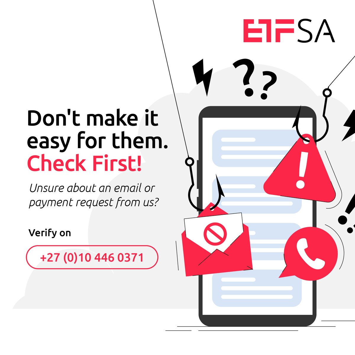 ETFSA's tweet photo. Scams are getting smarter. Your defence can stay simple. Don't make it easy for them. 

Save our number: +27 (0)10 446 0371. 

If a message, call or payment request ever feels off, Check First. https://t.co/W5nwqDumfZ