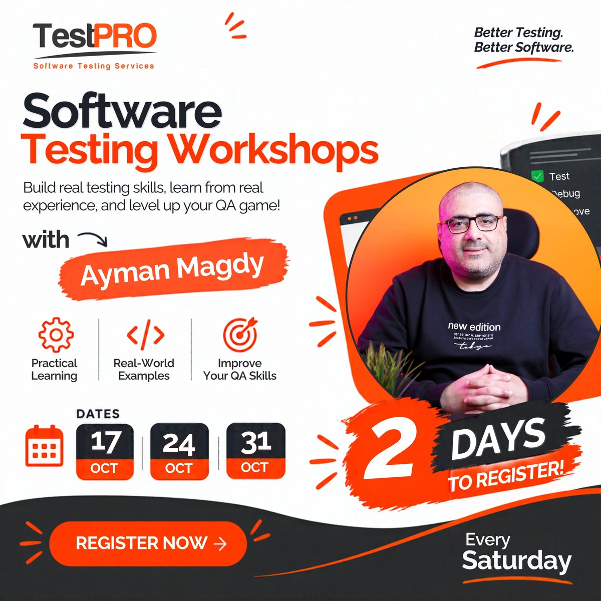 testproeg's tweet photo. ⏳ JUST 2 DAYS LEFT TO REGISTER!

Ready to put your software testing knowledge into practice? Join TestPRO’s Software Testing Workshop 
👨‍🏫 Trainer: Ayman Magdy
📅 Dates: 17, 24 &amp; 31 October (Every Saturday)

🔗 Save your spot: https://t.co/caDmV8vdHC

#TestPRO #SoftwareTesting https://t.co/lpDcvaYN6f