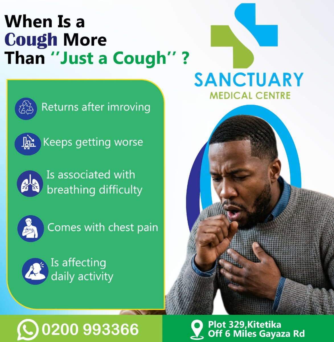 SMC_UG's tweet photo. Not every cough is “just a cough.” 

If your cough keeps coming back, gets worse, affects your breathing, causes chest pain, or interferes with your daily activities, it’s time to pay attention.

Don’t ignore the warning signs. Get checked. https://t.co/nNwuoZRMVz