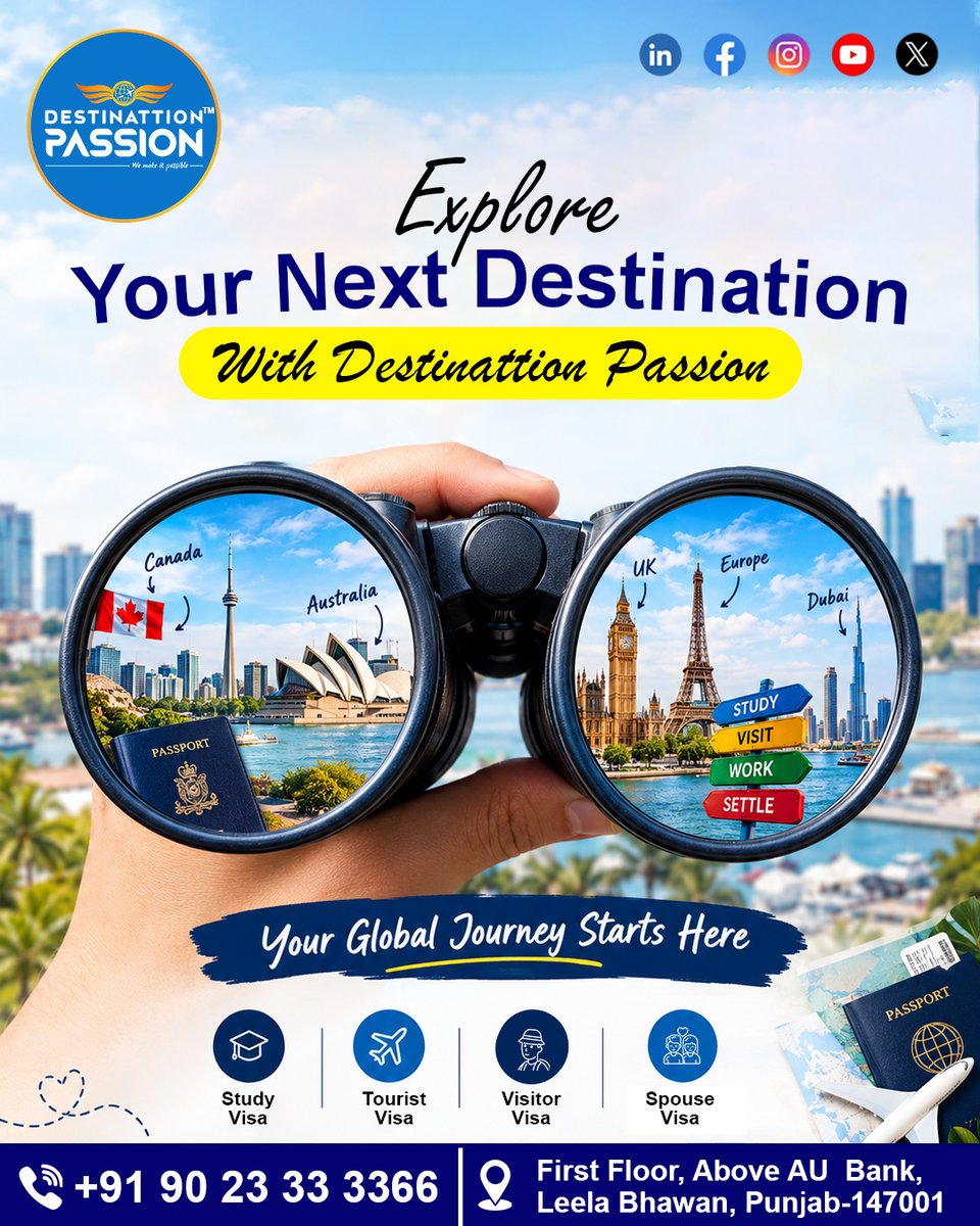 passionimmi's tweet photo. 🌍 Explore Your Next Destination with Destinattion Passion! ✈️
Dreaming of studying, travelling or settling abroad? Let us guide you towards your global dreams! 🌎✨
📞 Contact: +91 90233-33366
#DestinationPassion #VisaConsultancy #StudyAbroad #TouristVisa #VisitorVisa https://t.co/Zp3jSt6U6b