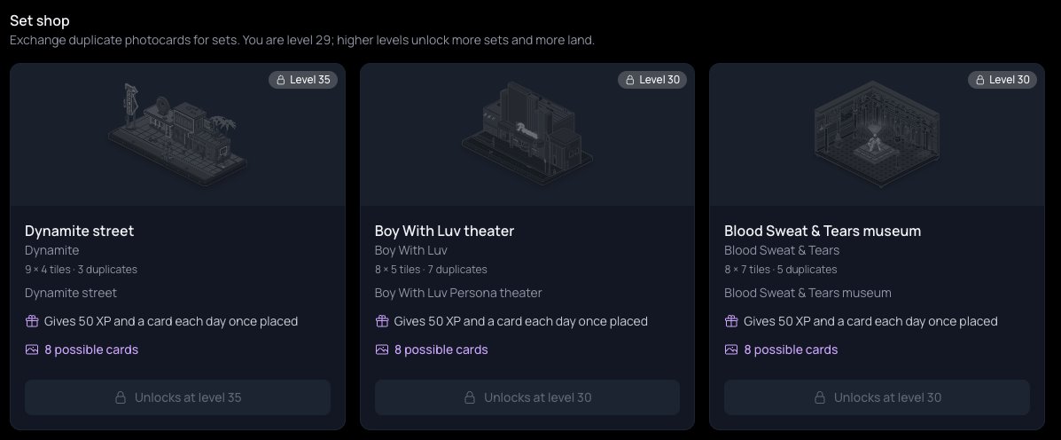 b_cdapp's tweet photo. Ma City buildings are now rewarding photocards and XP daily when placed.

New sets added:
- Boy With Luv theater
- Blood, Sweat &amp; Tears museum
- Dynamite street https://t.co/NCzZJ0Rwmf