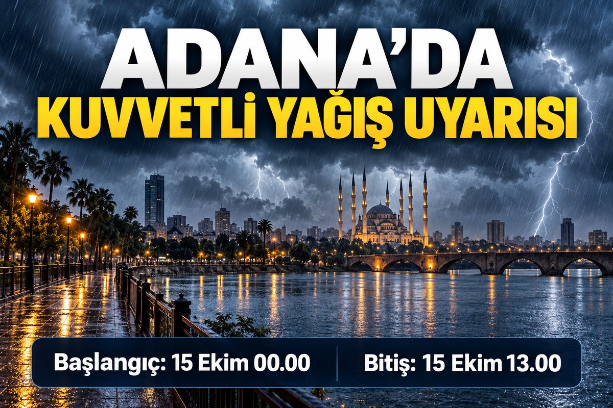 AdanaTubee's tweet photo. ⚠️ Adana’da bu gece yağışlara dikkat! ⛈️⚡️

Adana genelinde bu gece 00.00’dan yarın 13.00’e kadar yerel olarak kuvvetli, yer yer çok kuvvetli gök gürültülü sağanak bekleniyor. Sel, su baskını, yıldırım, dolu ve kuvvetli rüzgâra karşı tedbirli olalım. https://t.co/Se1OcOPwS0