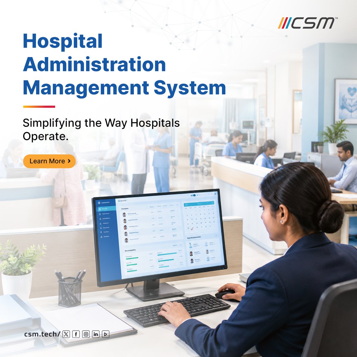 CSMTechnologies's tweet photo. CSM’s Hospital Administration Management System brings multiple hospital functions onto a single digital platform, enabling seamless coordination and smarter operational management.

Learn more: https://t.co/b8hhQ5VulI

#HealthTech #CSMTechnologies #CSM https://t.co/9wL0WYNT7G