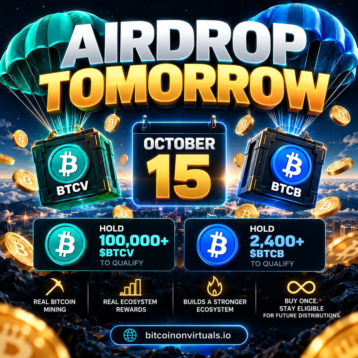 BTC_On_Virtuals's tweet photo. 🚨 TOMORROW IS AIRDROP DAY! 🚨

October 15 is almost here. ⏳

base:0x89c202e98f41cdeb7b397e35a0882315d2ffc8de and base:0x0c41f1fc9022feb69af6dc666abfe73c9ffda7ce holders are preparing for another round of mining-powered rewards! ⛏️

✅ Hold 100,000+ base:0x89c202e98f41cdeb7b397e35a0882315d2ffc8de or 2,400+ base:0x0c41f1fc9022feb69af6dc666abfe73c9ffda7ce to qualify for the respective rewards.

🔥 Real Bitcoin mining.
💰 Real ecosystem rewards.
♻️ A long-term vision built around rewarding holders.
Buy once. Hold long-term. Stay eligible for future distributions.
🔗 https://t.co/1OSXTcob5w

#BTCV #BTCB #Bitcoin #Base