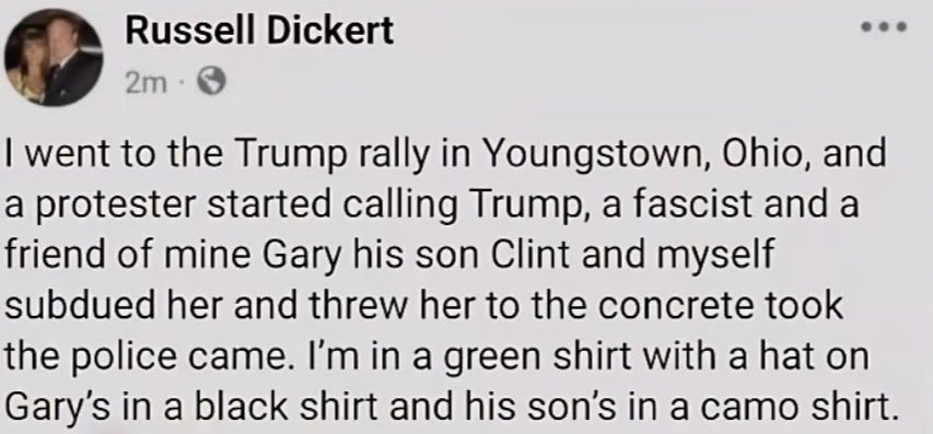 NotAvgLiberal's tweet photo. Meet Russell Dickert.

This mother fucker is one of 3 men who beat the hell out of a woman at a Trump rally in Youngstown Ohio.

He’s on Facebook bragging about how he and 2 of his friends beat the hell out of her.

Of course he deleted everything.

His hometown, place of business…

All on his profile page.

Please repost so everyone can meet Russell.