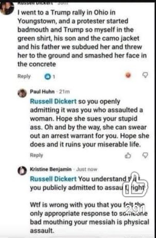 NotAvgLiberal's tweet photo. Meet Russell Dickert.

This mother fucker is one of 3 men who beat the hell out of a woman at a Trump rally in Youngstown Ohio.

He’s on Facebook bragging about how he and 2 of his friends beat the hell out of her.

Of course he deleted everything.

His hometown, place of business…

All on his profile page.

Please repost so everyone can meet Russell.