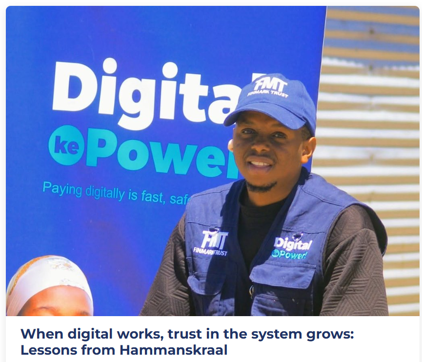 Finmarktrust's tweet photo. #DigitalInclusion takes building trust.
In Hammanskraal, our CLO, Joseph, is helping build confidence in #digitalpayments through the World Bank-supported #CommunityDigitalisation project and forms part of the SECO-supported IPDP.
📰https://t.co/BT12UW44cJ https://t.co/VFuHsVrVcA
