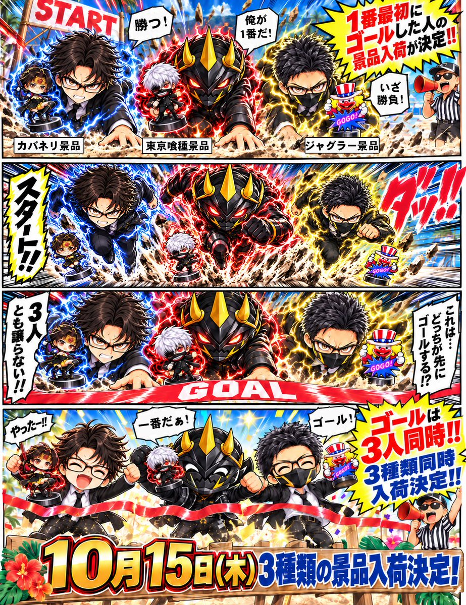 MrM_Concorde's tweet photo. 明日１０月１５日（木）は

バッチバチに『徹底対抗！！』

天上の雷取材と必勝本取材も入り
盛り上げる準備はしてきたんですが、

もっと面白く！！と思い、考えた結果、

『緊急で景品を入荷します！！』

東京喰種、カバネリ、ジャグラーと
３種類も同時に入荷しちゃいます！！

取材に景品に！

面白く１日を過ごすのに
平日なんて関係ないですよね？

静岡の地域活性化のために
スパコンはバッチバチに盛り上げます！！

それでは、明日も是非！
皆様のご来店をお待ちしております！！