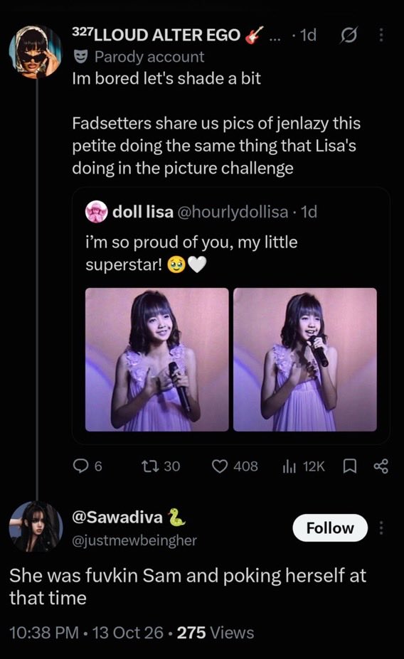 splderender's tweet photo. Lisa stans are acting like a 60yo pedo and we’re still being way too nice by not bringing that shit up tbh https://t.co/MIT8uZiJPj