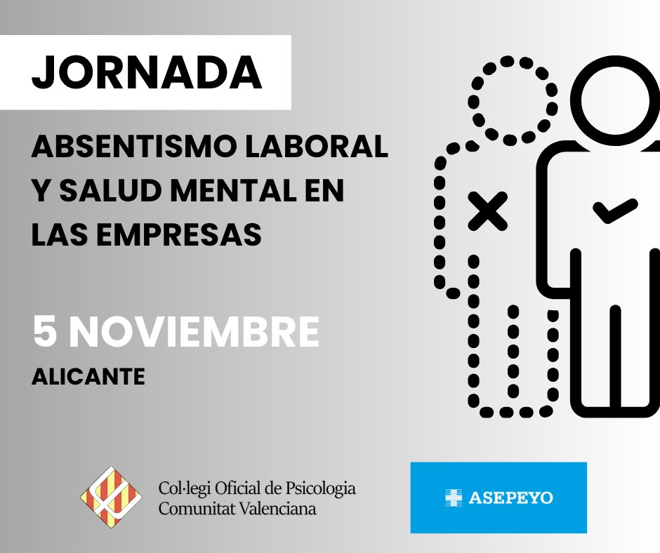 COPCV's tweet photo. Absentismo laboral y salud mental en las empresas.

El COPCV y @Asepeyo organizamos una jornada para analizar la relación entre salud mental y absentismo laboral, conocer los datos actuales de las bajas por contingencia común en la provincia de Alicante y abordar sus posibles causas desde la Psicología del Trabajo.

Contaremos con la participación de Pilar del Pueblo, vocal de la Junta de Gobierno del COPCV y coordinadora de la División de Psicología del Trabajo del COP, junto a profesionales de Asepeyo.

📅 5 de noviembre | ⏰ 9:30 h
📍 Auditorio Puerta Ferrisa · Alicante
🎟️ Actividad gratuita previa inscripción

Dirigida a empresas, responsables de equipos y RR. HH., técnicos/as de PRL y psicólogos/as colegiados/as.

🔗 Inscripción: https://t.co/F3Xlp5OGIW

#COPCV #PsicologiaDelTrabajo #SaludMental #Absentismo