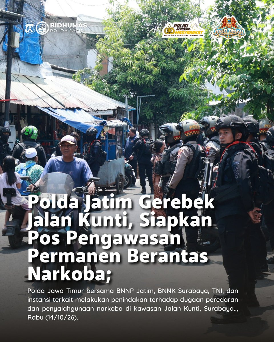 bidhumas_jatim's tweet photo. Polda Jawa Timur bersama BNNP Jatim, BNNK Surabaya, unsur TNI, dan instansi terkait melakukan penindakan terhadap dugaan peredaran dan penyalahgunaan narkoba di kawasan Jalan Kunti, Surabaya. https://t.co/vljmExappu