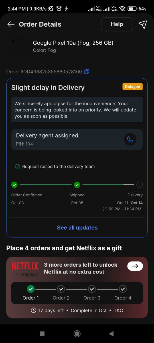 Om3236's tweet photo. @Flipkart @FlipkartSupport @GoogleIndia I ordered a Google Pixel 10a on Oct 8 during Big Billion Days. It's Oct 14, and it's still undelivered despite reaching the Vadodara hub on Oct 9. Why the delay? https://t.co/lgCnttD5Bg