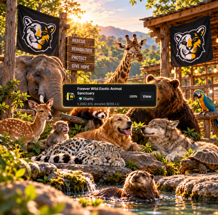 Foreverwild_sol's tweet photo. The WILD community has officially donated 5.2362 SOL ($559.11) to Forever Wild Exotic Animal Sanctuary.

And we're just getting started. This sanctuary cares for more than just one animal, and every donation helps support the animals that depend on them.

Imagine what this community could accomplish as we continue to grow. This is bigger than just a memecoin.

💛