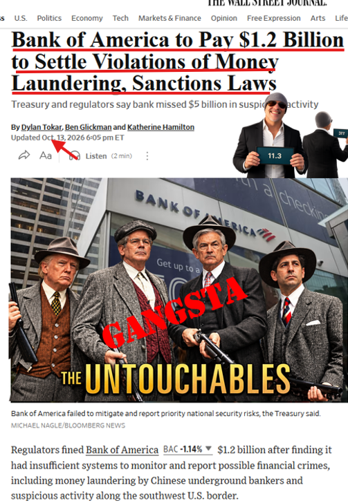 TheDebriefing17's tweet photo. 🚨RED OCTOBER DEBRIEFING  IT'S ALWAYS THE BOOKS & HERE ENDETH THE LESSON

They never got Al Capone for the murders. They got him on his taxes. It wasn't the gunfights, it was the bookkeeping. Ninety-five years later, the government is still working the same way.

Yesterday, Treasury hit Bank of America, the second-largest bank in the country, with one of the biggest penalties in its history. The bank admitted it willfully broke the law that requires banks to report suspicious money.

Read what Treasury actually said, because the language is unusually blunt.

The bank "prioritized its revenues" over its compliance resources. Instead of catching dirty money itself, it waited for the police, or for other banks, to tell it something was wrong. In Treasury's words, it "effectively outsourced" its own job. Its own compliance staff raised red flags about drug money and trade-based laundering, and the bank didn't act. Billions in suspicious transactions went unreported. More than a billion of that touched what Treasury calls national-security risks: Chinese money-laundering networks and cartel money along the southern border.

Now go up high enough.

This is the second major bank in a week. American Express was fined for nearly the same failure: money flowing through while the system watched the wrong door. And the day Bank of America was fined, Treasury also sanctioned a Mexican cartel's horse-racing empire just across the Texas border.

The same story keeps showing up from three angles: the cartel on the street, the laundering networks in the middle, and the big banks carrying the money.

Here's the part to watch. Bank of America now has to hire an outside firm to go back through its old transactions and report everything it missed to the government. That means the bank's own history becomes a stream of new leads.

But the lesson hasn't changed since Capone. You don't catch the network at the shootout. You catch it in the ledger.

Timelines.
Patterns. T

Their words, not mine. All I did was read the receipts. 

I am the guy on the couch, and you have been debriefed.

@Homeranger17 @CouchGuy17 @ScottZPatriot 
@JosieGrama @MarineSigInt @AstuteActual @JeskoRiot
@drawandstrike @burnedspy360 @WillReagan11
@BeerCan45 @RadicalForLiber @drawandstrike 
@Conspiracy1717  @Thucydides17A @AFANGChief
@Spaceshot76 @MRSRedVoteR @AstuteActual
@Sparkness14 @jwcollins1955 @THEDuaneCates 
@markmessina @NewsTreason @1AmendmentMike