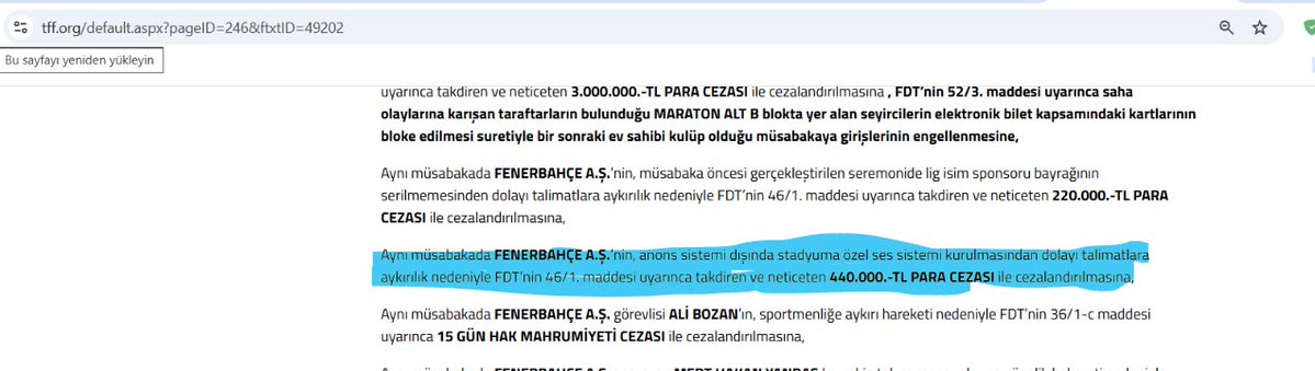 blackpage_g's tweet photo. Özel ses sistemi kurmak sebebiyle TFF'den bile ceza almış Fenerbahçeliler, Galatasaray'ın Şampiyonlar Ligi maçında yapay ses kullandığını iddia edebiliyorlar :)
Üstelik tüm ses sistemleri UEFA yetkililerinin gözetiminde.
"Aynı müsabakada FENERBAHÇE A.Ş.’nin, anons sistemi dışında stadyuma özel ses sistemi kurulmasından dolayı talimatlara aykırılık nedeniyle FDT’nin 46/1. maddesi uyarınca takdiren ve neticeten 440.000.-TL PARA CEZASI ile cezalandırılmasına,"
