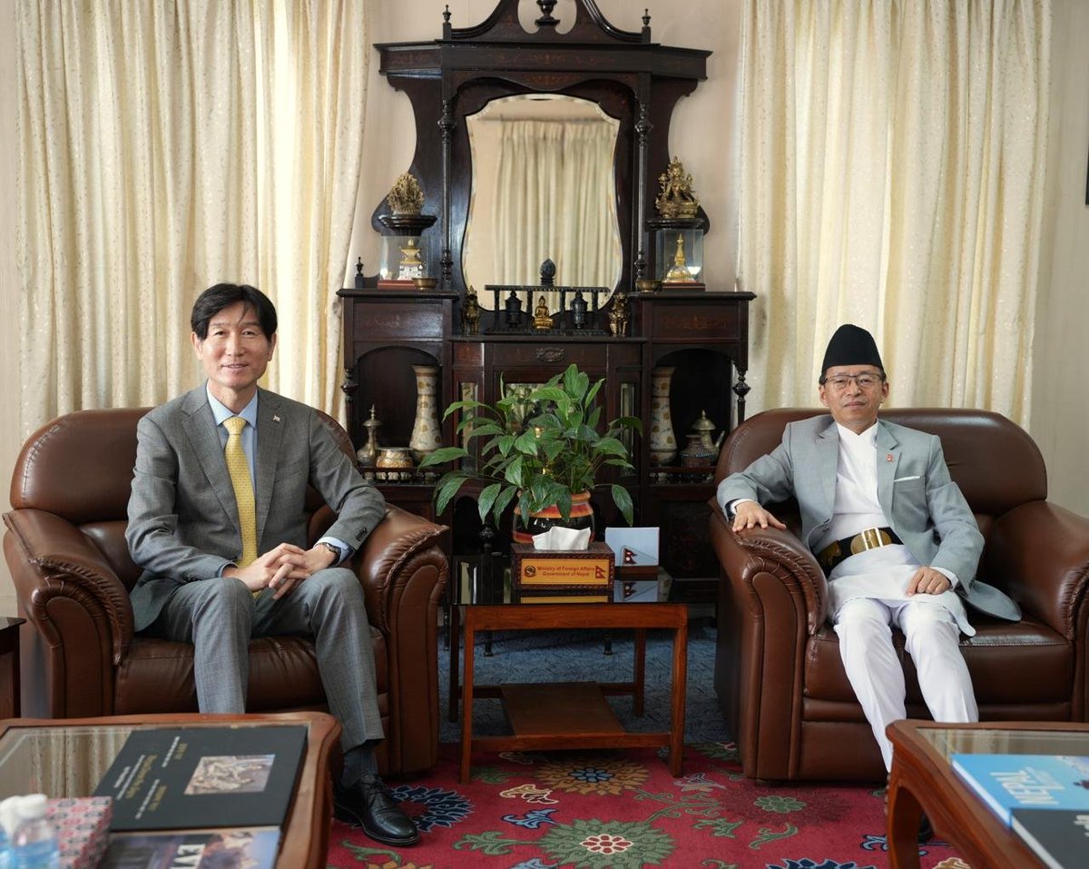 MofaNepal's tweet photo. The newly accredited Ambassador of the Republic of Korea to Nepal H. E. Mr PARK Jae-kyung paid a courtesy call on Foreign Secretary Mr. Amrit Bahadur Rai at the Ministry today. 

During the call on, Foreign Secretary Mr Rai congratulated Ambassador PARK on his appointment as the Ambassador of the Republic of Korea to Nepal. 

They also shared views on further deepening the bilateral relations for the benefit of both countries and peoples.