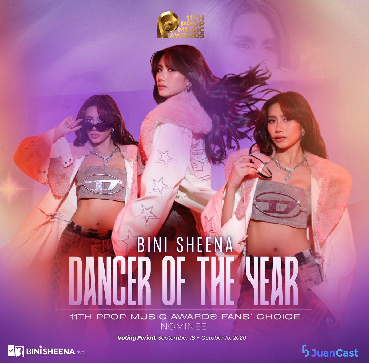 BiniSheenaBVT's tweet photo. 📣 [JUANCAST x 11TH PPOP MUSIC AWARDS] P-POP FAVORITE DANCER OF THE YEAR 

We’re still accepting final donations to strengthen our campaign for #BINISheena, nominated for PPOP Favorite Dancer of the Year at the 11th PPOP Music Awards! 🐰

Agimat ni Juan will be activated again tomorrow from 11AM to 12NN PHT, doubling the votes from STARS cast during the promo. We’re pooling all donations to purchase as many STARS as possible and maximize every contribution for Sheena.

Every peso counts toward securing more votes for Bebe and bringing her one step closer to claiming the title she deserves. 

Voting ends tomorrow, October 15, 2026 at 5:00PM PHT. 

📌Scan the QR Code below to donate; or 
📌Click the link and fill out the form: https://t.co/AVe0PhN23U 
📌Donation Tracker: https://t.co/NYt64P2ztb

Para kay Sheena, tara? 💜

#SheenaCatacutan #11thPPOPMusicAwards #PPMA2026 #PpopFavoriteDanceroftheYear