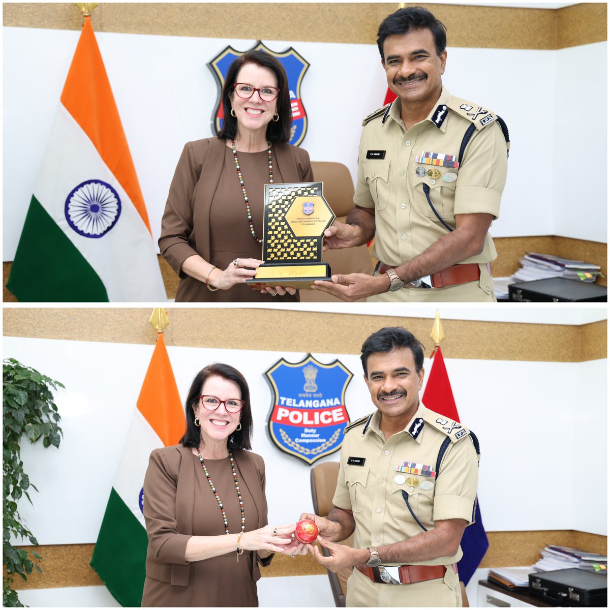 CVAnandIPS's tweet photo. Ms. Laura Williams, U.S. Consul General in Hyderabad, accompanied by  Regional Security Officer Mr. Sidharth Ramachandran and Mr. Venkat Engirekula, Senior Foreign Service National Investigator (FSNI) paid a courtesy visit. 

Having read about my love for sports and cricket, she presented me with a cricket ball with the inscription of the US CG office . I shall treasure that 😊. Discussion was on security issues regarding American citizens and the companies. I explained how the Cyberabad police especially coordinates in these matters  through the Cyberabad Security Council and is proactive. 

@USAndHyderabad @USCGHyderabad