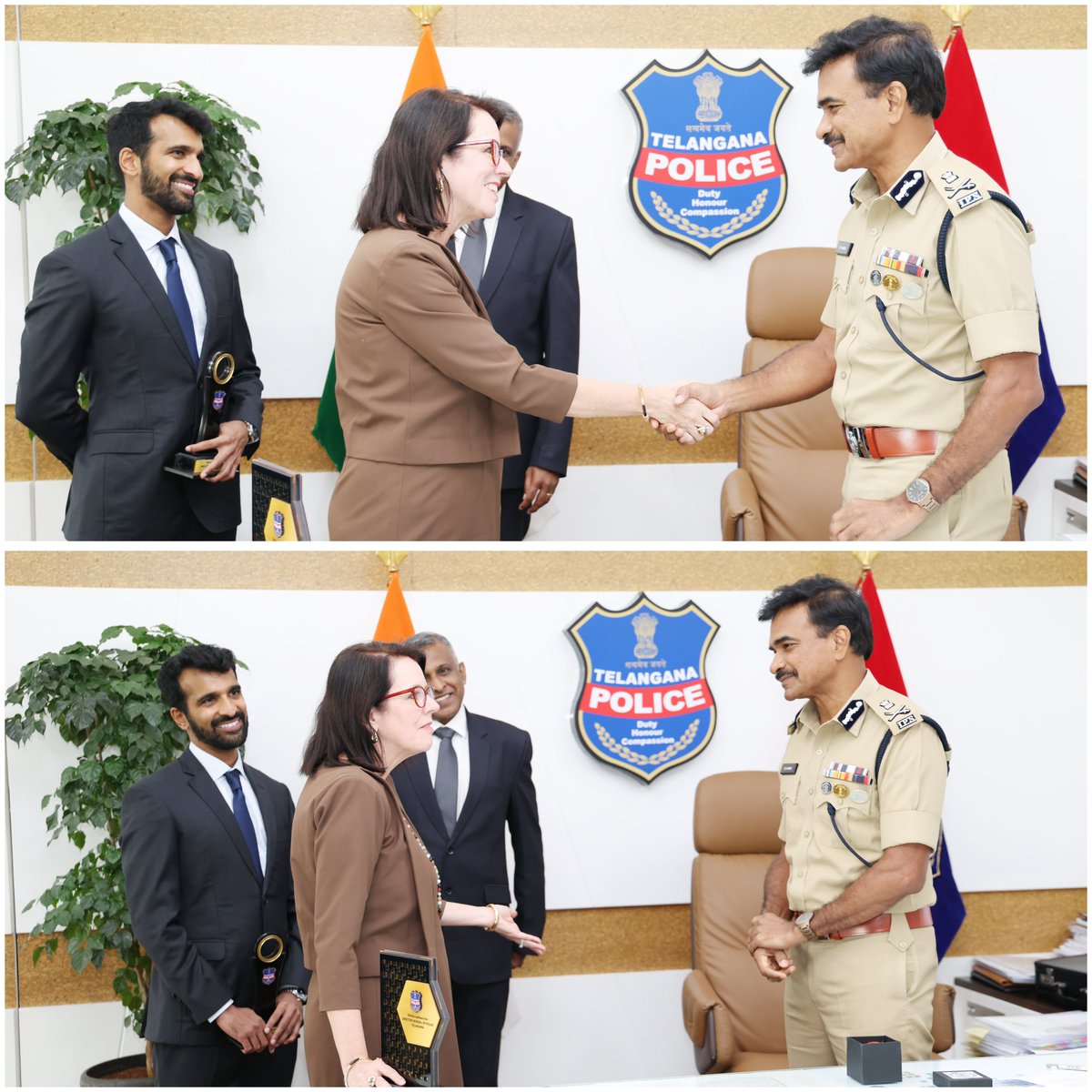 TelanganaDGP's tweet photo. Ms. Laura Williams, U.S. Consul General in Hyderabad, accompanied by  Regional Security Officer Mr. Sidharth Ramachandran and Mr. Venkat Engirekula, Senior Foreign Service National Investigator (FSNI) paid a courtesy visit. 

Having read about my love for sports and cricket, she presented me with a cricket ball with the inscription of the US CG office . I shall treasure that 😊. Discussion was on security issues regarding American citizens and the companies. I explained how the Cyberabad police especially coordinates in these matters  through the Cyberabad Security Council and is proactive. 

@USAndHyderabad @USCGHyderabad