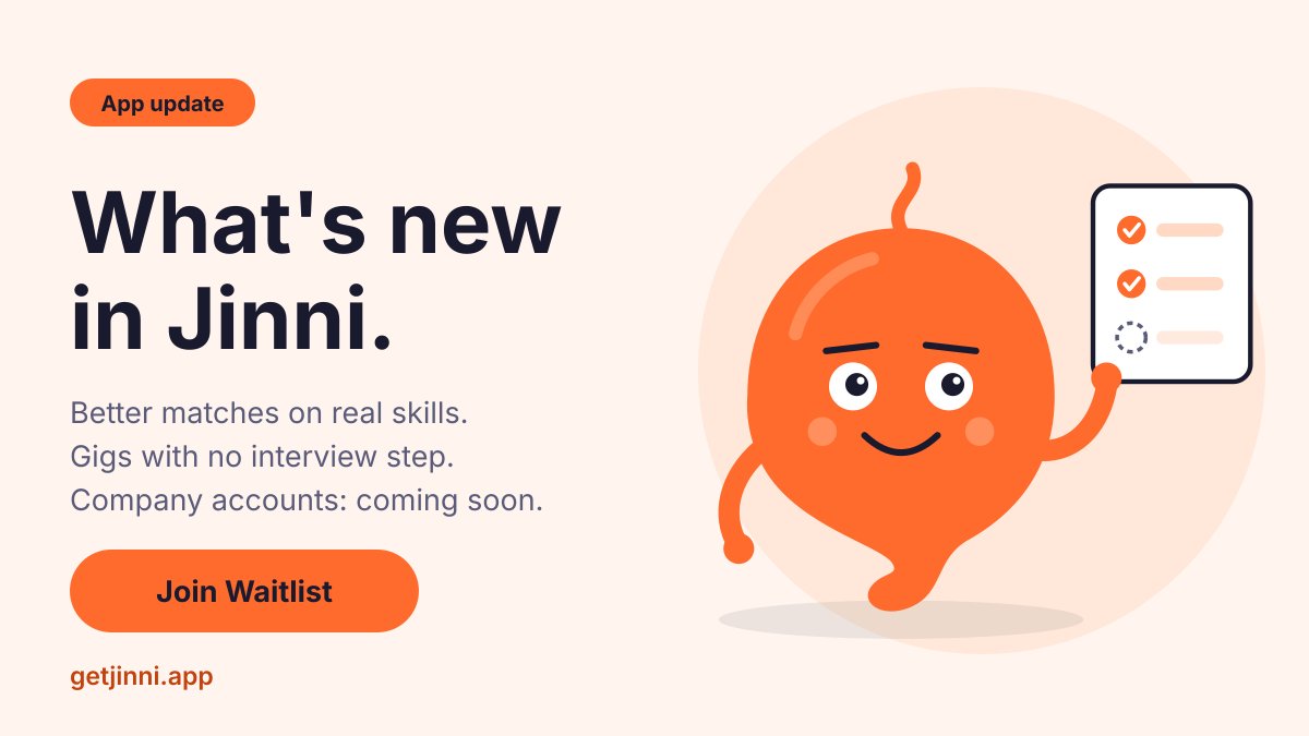 Jinni_tech's tweet photo. Jinni update (beta on Android, built for Nigeria): roles now list the skills they need, so you're matched on real skills. Gig posters skip interviews and just message applicants. Company accounts are coming soon. No forms, no black hole.

Join Waitlist: https://t.co/zWknS5CcLu https://t.co/uIi2yv9FE2