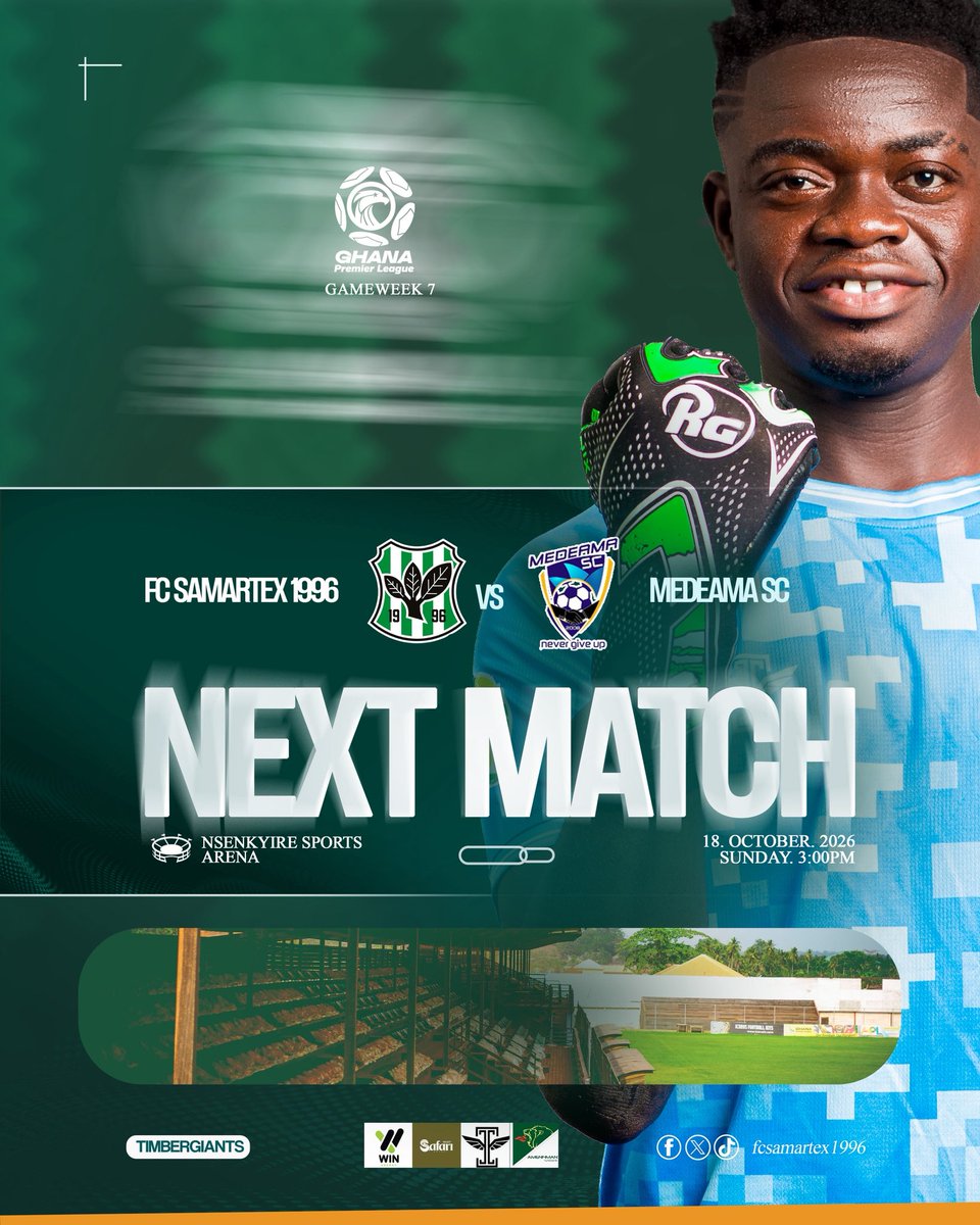 FcSamartex1996's tweet photo. NEXT UP: MEDEAMA SC!

The Timber Giants return to the Nsenkyire Sports Arena, ready for another battle. All focus is on the task ahead. 

#TimberGiants #WeAreSamartex https://t.co/qO6X1pPzdF