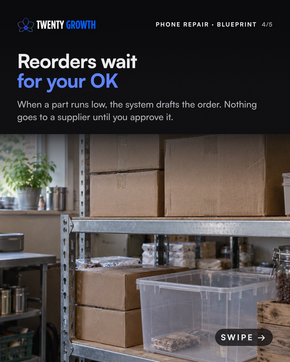 TwentyGrowth's tweet photo. Quoted the repair, then found no part. At a phone repair shop, each job linked to its parts shows what is on the shelf before you promise a date. Reorders wait for your OK.

How do you track parts today?

https://t.co/Jn9cbUye73
#sme #smallbusiness https://t.co/TqEovFtRrc