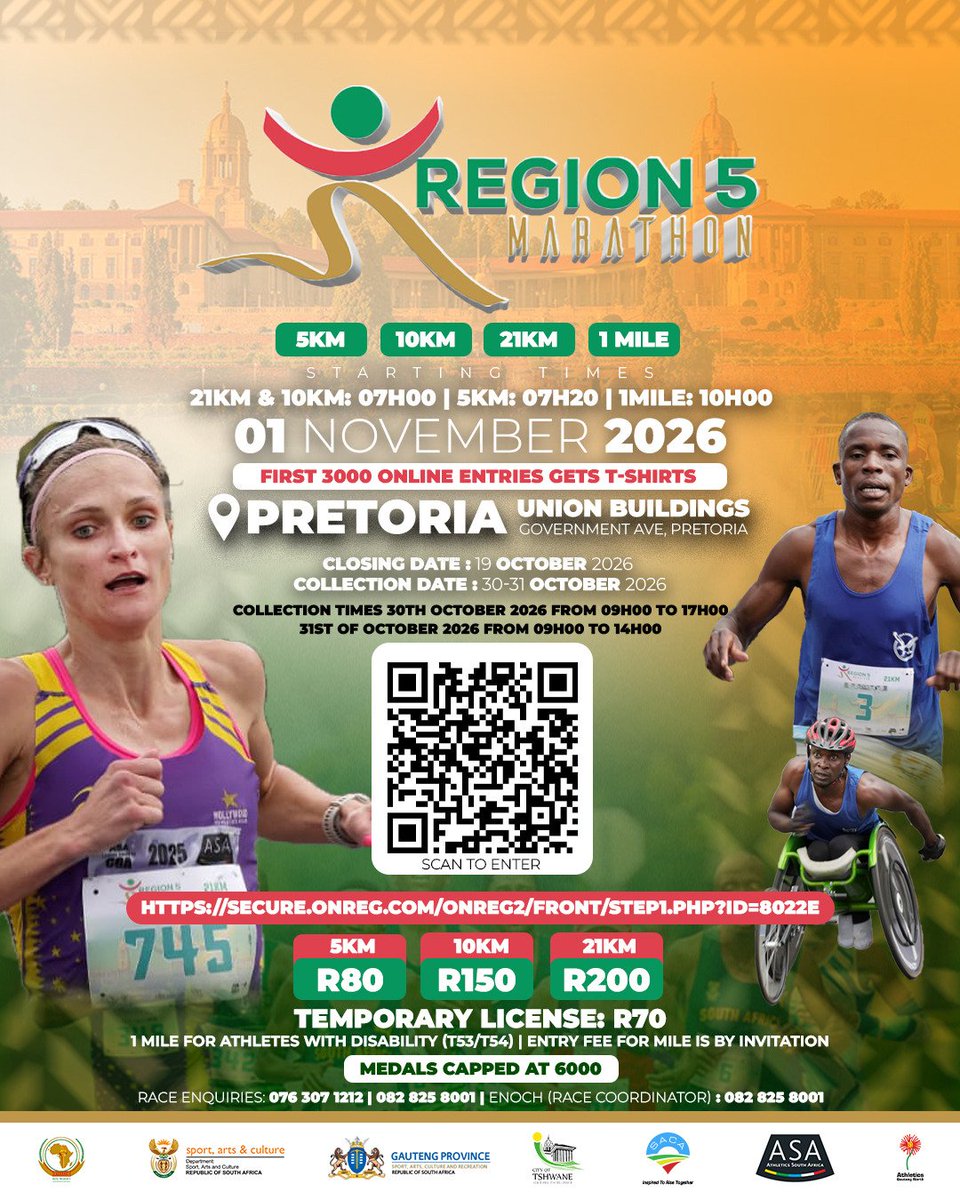 SportArtsCultur's tweet photo. 🏃‍♂️ The #Region5Marathon takes place on 1 November 2026 at the Union Buildings, Pretoria!

Choose your distance: 21.1km, 10km, 5km or by invitation-only 1 Mile race for athletes with disabilities (T53/T54).

🏅 R437,000 in prize money!
🎽 Shirts for the first 3,000 online entrants.

Enter now: https://t.co/0hJqhDfDKW

#InspiringANationOfWinners