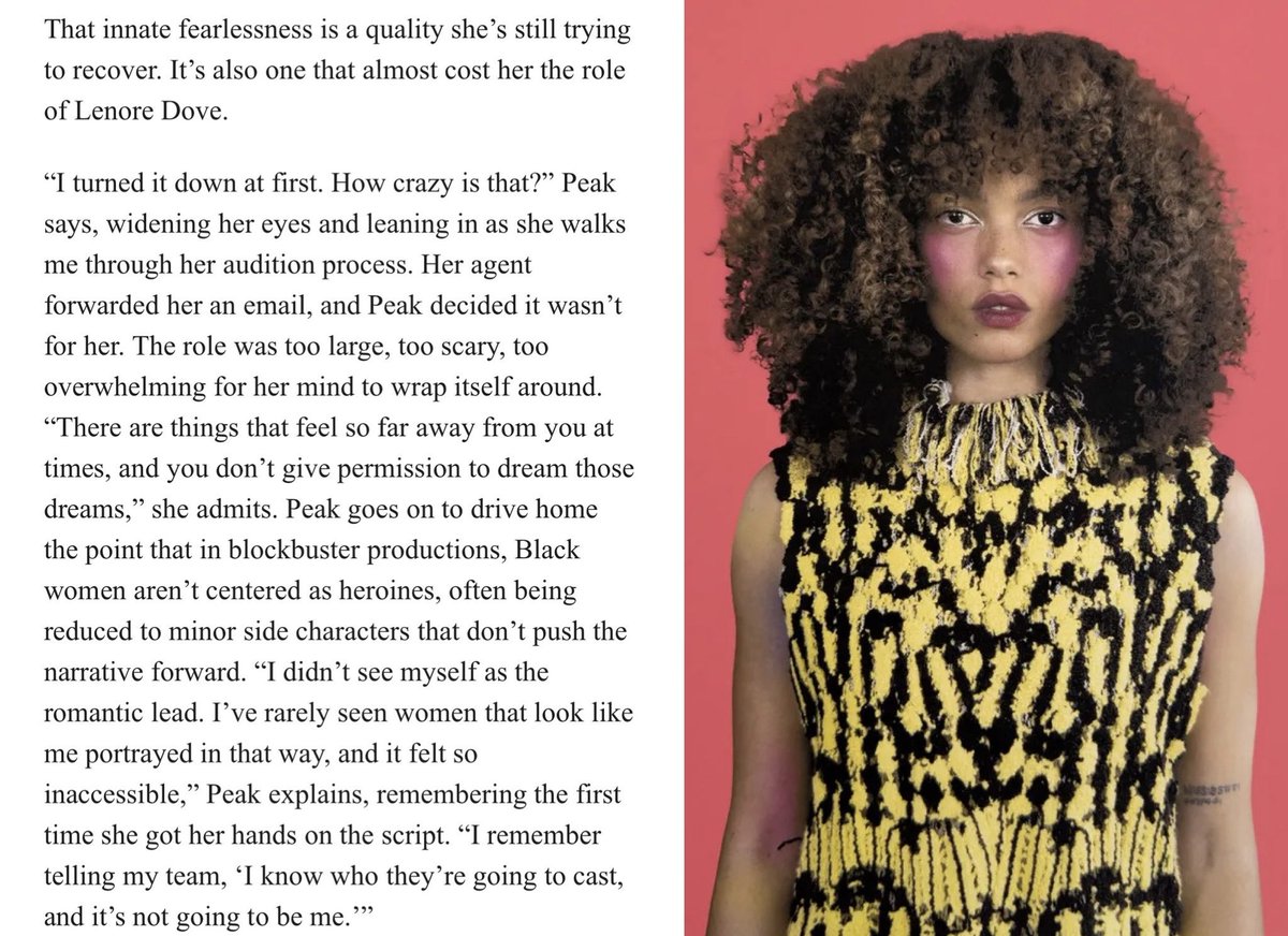 SquirtleMobCapt's tweet photo. In her interview, Whitney Peak revealed she initially turned down the role of Lenore Dove because it felt overwhelming. She struggled to envision herself as a romantic lead, explaining that Black women are rarely given those opportunities in major films. https://t.co/OpykAZAi5c