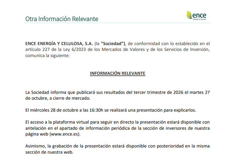 JCPF_Carlos's tweet photo. 📌🟢#ENCE #ENC 

📌✅Resultados 3T 2026 - Fecha de publicación el martes 27 de octubre, a cierre de mercado.

 📌✅y webcast con analistas el miércoles 28 de octubre a las 16:30h.