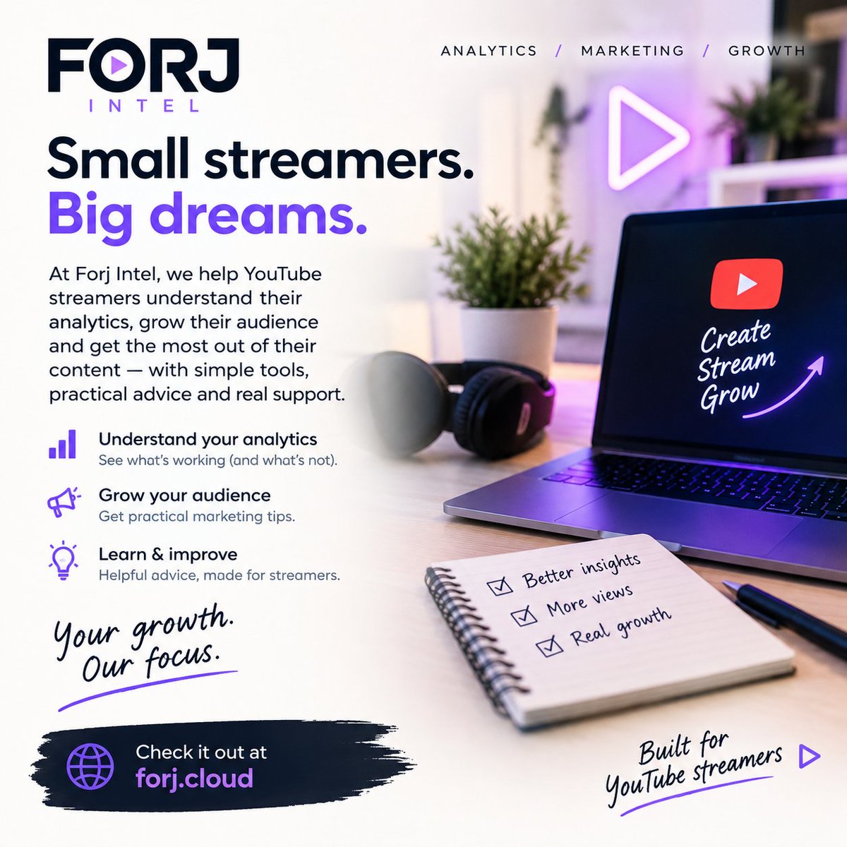 ForjIntel's tweet photo. We're here to help small and beginner YouTube streamers make sense of their analytics, discover opportunities to grow, and get practical marketing advice to help them move forward.
#YouTubeCreators #SmallStreamers #ContentCreation #YouTubeGrowth #ForjIntel https://t.co/6DMPSwtQZ4
