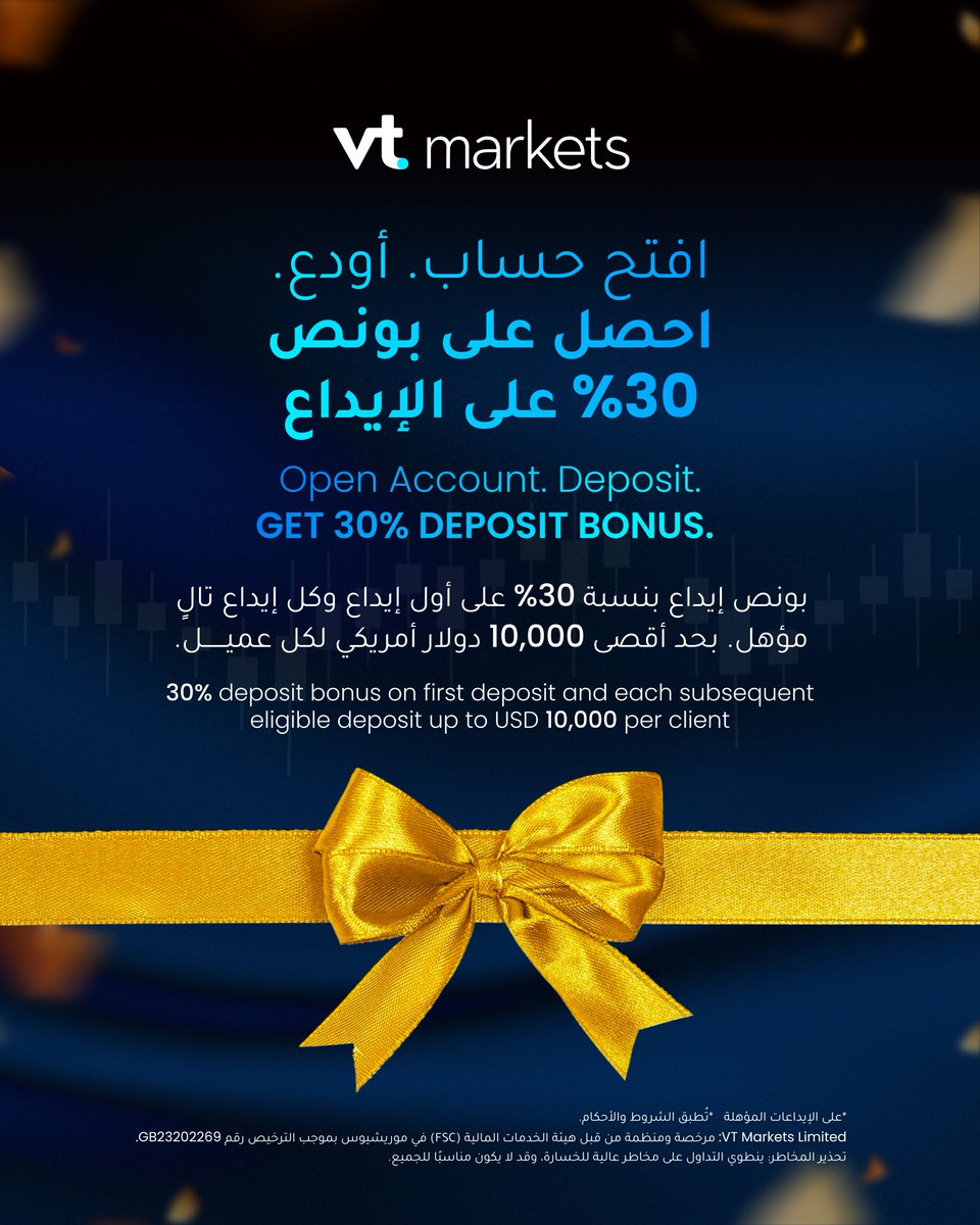 VTMENA's tweet photo. ✨️ جديد وحصري... بونص 30% على الإيداع ✨️

حصريًا للعملاء المؤهلين لدى VT Markets في عمان والكويت.

احصل على بونص بنسبة 30% على كل إيداع مؤهل خلال فترة العرض، بحد أقصى 10,000 دولار أمريكي لكل عميل.

📅 من 7 أكتوبر إلى 7 نوفمبر 2026

جاهز للتعرف على تفاصيل العرض؟

تُطبق الشروط والأحكام.

✨️ A new 30% deposit bonus is here ✨️

Exclusively for eligible VT Markets clients in Oman and Kuwait.

Get a 30% deposit bonus on each eligible deposit made during the promotion period, with a maximum cumulative bonus of USD 10,000 per client.

📅 7 October – 7 November 2026

Ready to explore the offer?

T&Cs apply.

-----------------

Regulation:

VT Markets Limited is authorised and regulated by the Financial Services Commission (FSC) of Mauritius under License No. GB23202269.

Risk disclaimer: Trading carries a high risk of loss and may not be suitable for everyone.

التنظيم:

ـ VT Markets Limited: مرخصة ومنظمة من قبل هيئة الخدمات المالية (FSC) في موريشيوس بموجب الترخيص رقم GB23202269.

تحذير المخاطر: ينطوي التداول على مخاطر عالية للخسارة، وقد لا يكون مناسبًا للجميع.