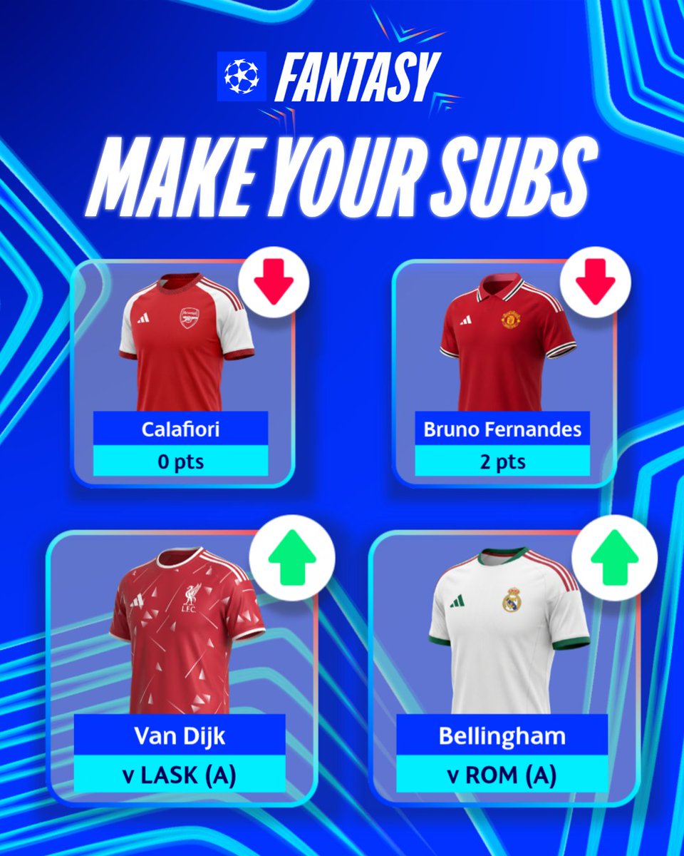 ChampionsLeague's tweet photo. Beat the 18:45 CET fantasy deadline 🚨

Make your subs before Wednesday's games 👇 https://t.co/WK327k68j4

#UCLfantasy https://t.co/XYWLBN3V5J