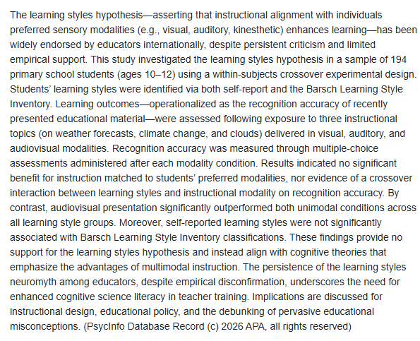 DTWillingham's tweet photo. Yet another empirical investigation concludes no validity to VAK learning styles. https://t.co/6HhT5ITxzB https://t.co/C2nv9sJyOJ