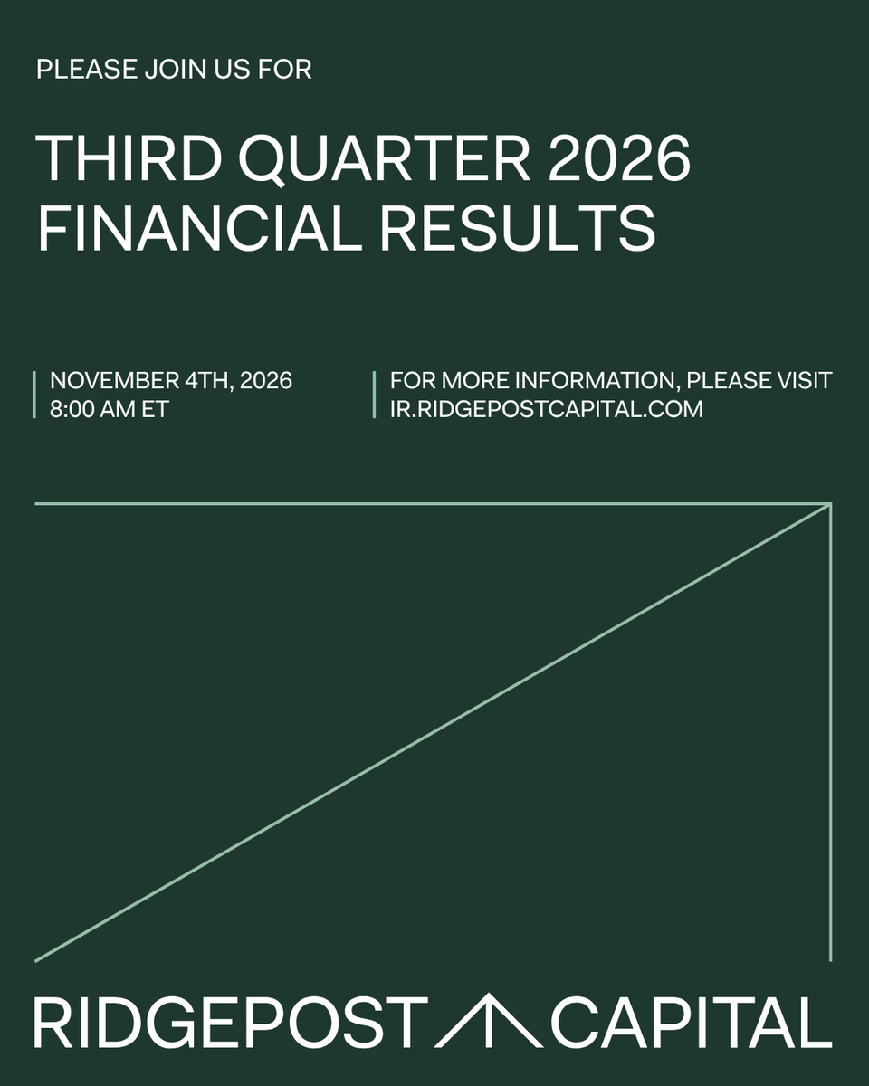 RidgepostCap's tweet photo. Ridgepost Capital will release financial results for the third quarter 2026 before the market open on Wednesday, November 4, 2026, and host a conference call at 8:00 a.m. Eastern Time.

To access the webcast, click here: https://t.co/1BoNICP9GP
#Earnings https://t.co/MaBpBC9Bg8