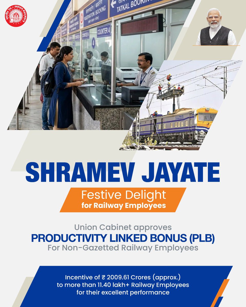 RailMinIndia's tweet photo. The Union Cabinet, chaired by Prime Minister @narendramodi, has approved the Productivity Linked Bonus (PLB) for over 11.40 lakh non-gazetted railway employees in recognition to the stellar performance by Indian Railways during FY 2025–26.
#ShramevJayate #AtmanirbharBharat https://t.co/8ZsjLAnNze