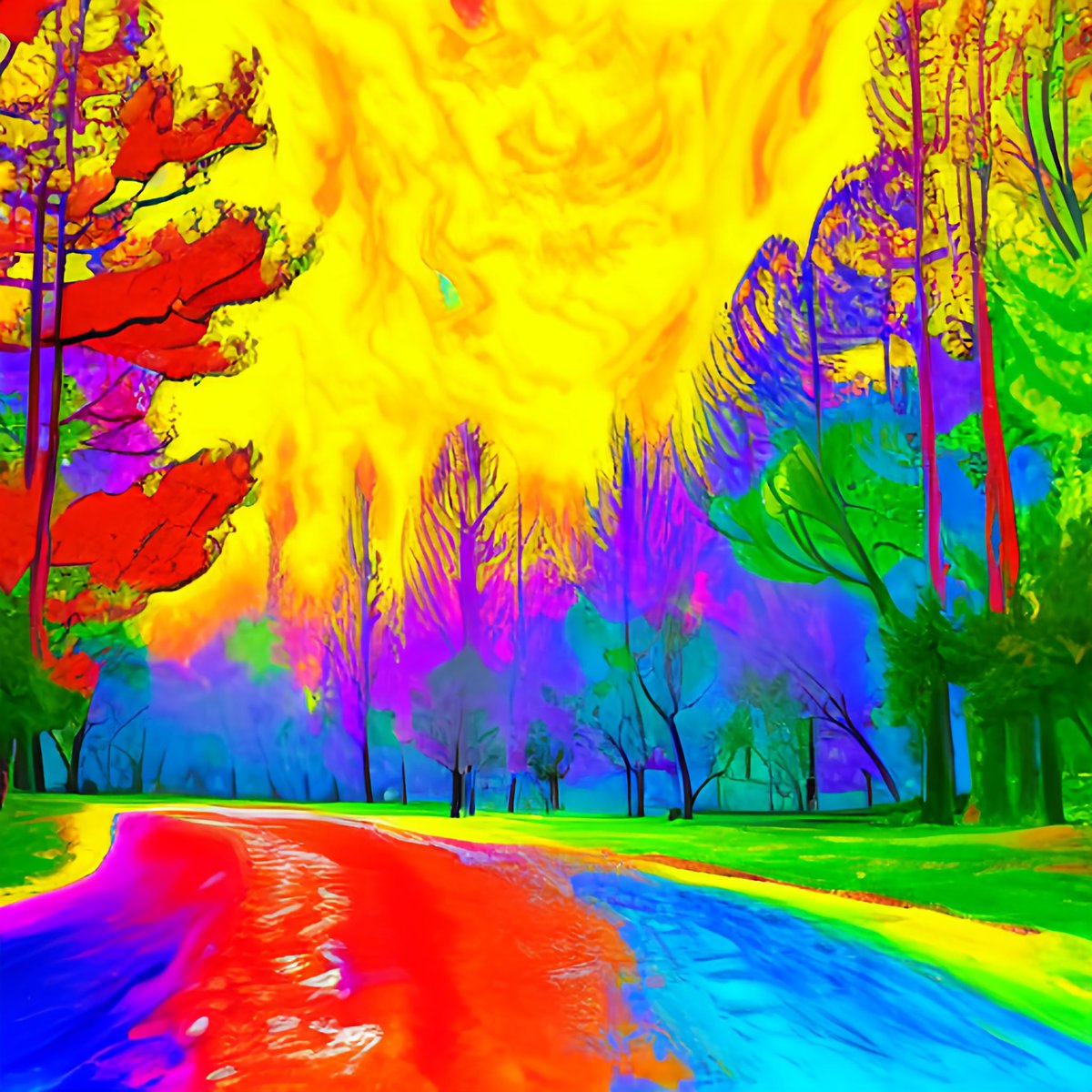 Digitalart_art's tweet photo. Fauvist painting style https://t.co/VpbSHrVXYb #Fauvism #Landscape #Rainbow #Vibrant #Colorful #Psychedelic #Nature #Road #Trees #GoldenSky #DigitalArt #Objkt #NFT #Vivid #MatisseInspired #Cityscape #UrbanLife #StreetScene #nftart #1of #CollectArt #NFTCollector #ArtDrop #ArtShare https://t.co/9gGzErepX4